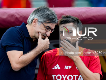 Ivan Juric head coach of AS Roma talks to Matteo Paro during the Serie A Enilive match between AS Roma and Udinese Calcio at Stadio Olimpico...