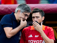 Ivan Juric head coach of AS Roma talks to Matteo Paro during the Serie A Enilive match between AS Roma and Udinese Calcio at Stadio Olimpico...