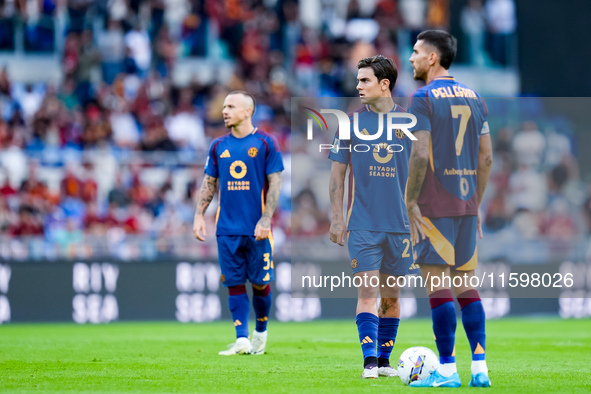 Paulo Dybala of AS Roma and Lorenzo Pellegrini of AS Roma during the Serie A Enilive match between AS Roma and Udinese Calcio at Stadio Olim...