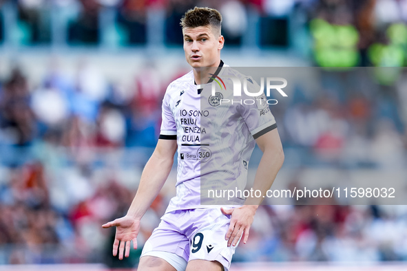 Jaka Bijol of Udinese Calcio gestures during the Serie A Enilive match between AS Roma and Udinese Calcio at Stadio Olimpico on September 22...