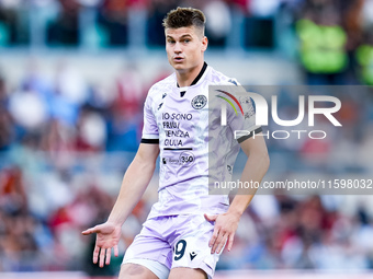 Jaka Bijol of Udinese Calcio gestures during the Serie A Enilive match between AS Roma and Udinese Calcio at Stadio Olimpico on September 22...