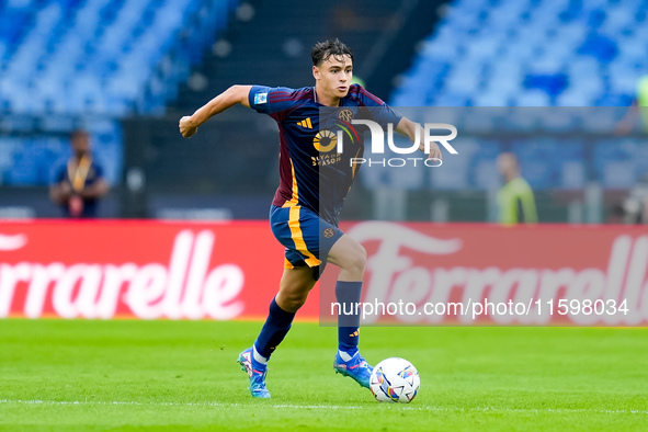 Niccolo' Pisilli of AS Roma during the Serie A Enilive match between AS Roma and Udinese Calcio at Stadio Olimpico on September 22, 2024 in...