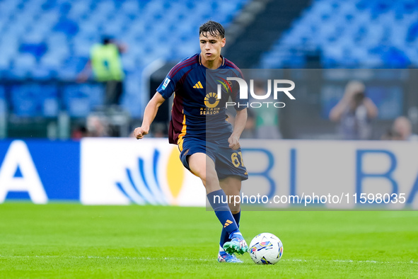 Niccolo' Pisilli of AS Roma during the Serie A Enilive match between AS Roma and Udinese Calcio at Stadio Olimpico on September 22, 2024 in...