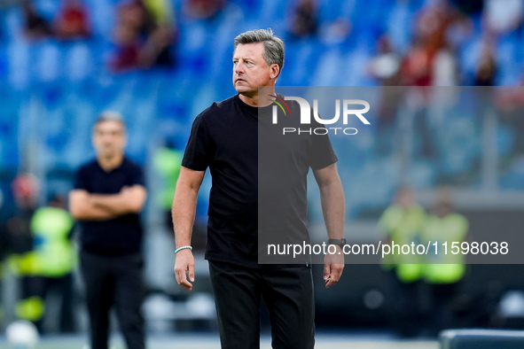 Kosta Runjaic head coach of Udinese Calcio looks on during the Serie A Enilive match between AS Roma and Udinese Calcio at Stadio Olimpico o...