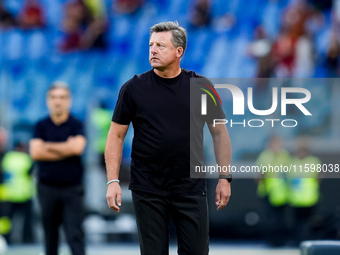 Kosta Runjaic head coach of Udinese Calcio looks on during the Serie A Enilive match between AS Roma and Udinese Calcio at Stadio Olimpico o...