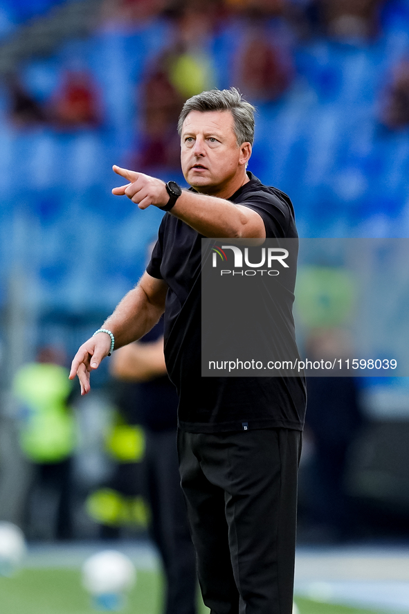 Kosta Runjaic head coach of Udinese Calcio gestures during the Serie A Enilive match between AS Roma and Udinese Calcio at Stadio Olimpico o...