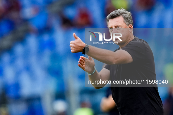 Kosta Runjaic head coach of Udinese Calcio gestures during the Serie A Enilive match between AS Roma and Udinese Calcio at Stadio Olimpico o...