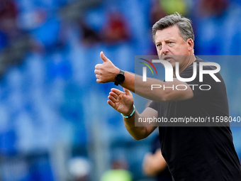 Kosta Runjaic head coach of Udinese Calcio gestures during the Serie A Enilive match between AS Roma and Udinese Calcio at Stadio Olimpico o...