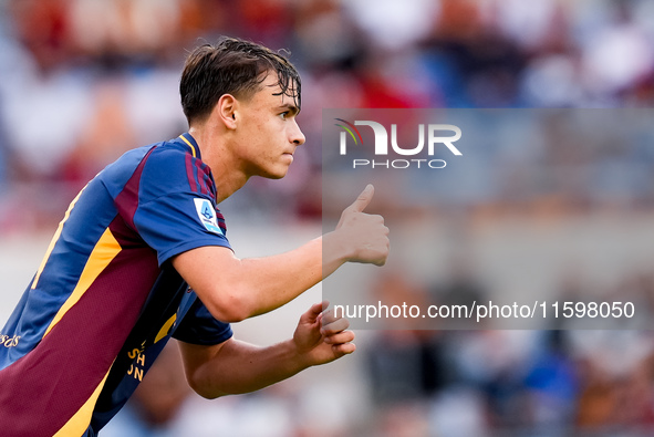 Niccolo' Pisilli of AS Roma gestures during the Serie A Enilive match between AS Roma and Udinese Calcio at Stadio Olimpico on September 22,...