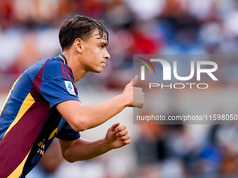 Niccolo' Pisilli of AS Roma gestures during the Serie A Enilive match between AS Roma and Udinese Calcio at Stadio Olimpico on September 22,...