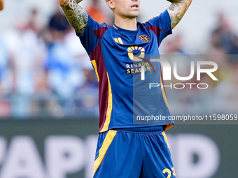 Gianluca Mancini of AS Roma looks dejected during the Serie A Enilive match between AS Roma and Udinese Calcio at Stadio Olimpico on Septemb...