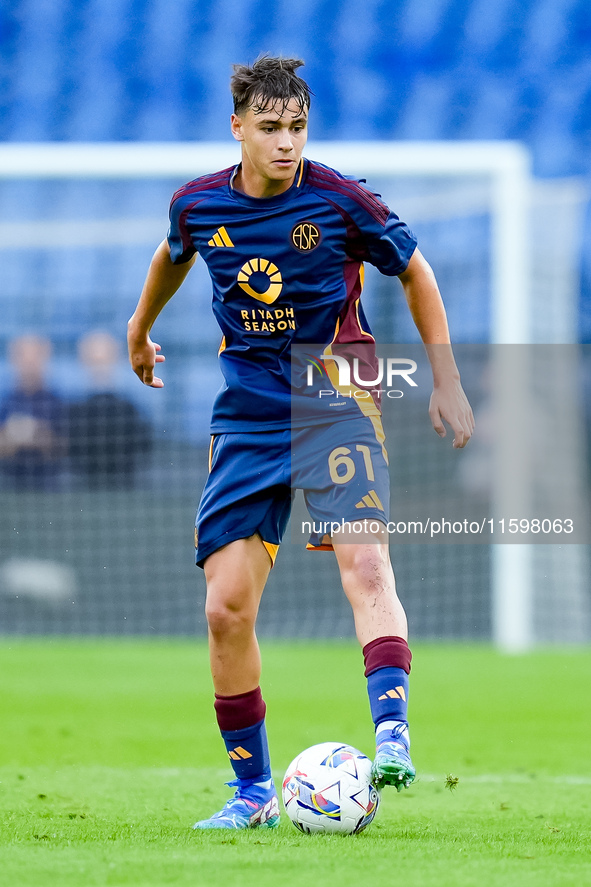 Niccolo' Pisilli of AS Roma during the Serie A Enilive match between AS Roma and Udinese Calcio at Stadio Olimpico on September 22, 2024 in...