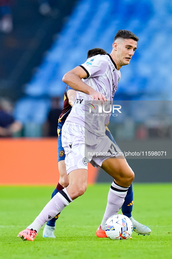 Lorenzo Lucca of Udinese Calcio during the Serie A Enilive match between AS Roma and Udinese Calcio at Stadio Olimpico on September 22, 2024...