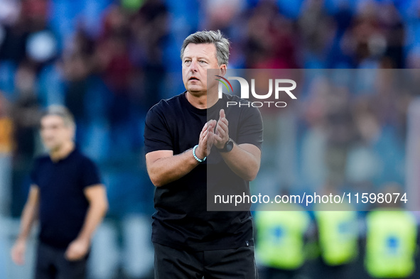 Kosta Runjaic head coach of Udinese Calcio gestures during the Serie A Enilive match between AS Roma and Udinese Calcio at Stadio Olimpico o...