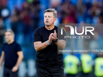 Kosta Runjaic head coach of Udinese Calcio gestures during the Serie A Enilive match between AS Roma and Udinese Calcio at Stadio Olimpico o...