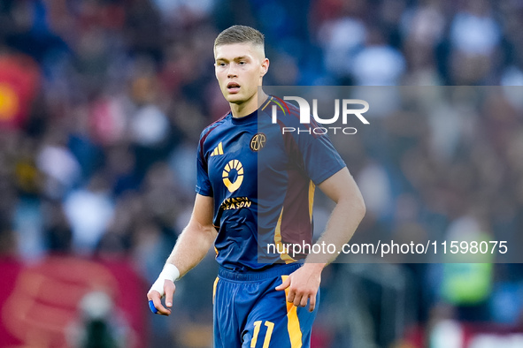 Artem Dovbyk of AS Roma looks on during the Serie A Enilive match between AS Roma and Udinese Calcio at Stadio Olimpico on September 22, 202...