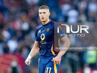 Artem Dovbyk of AS Roma looks on during the Serie A Enilive match between AS Roma and Udinese Calcio at Stadio Olimpico on September 22, 202...