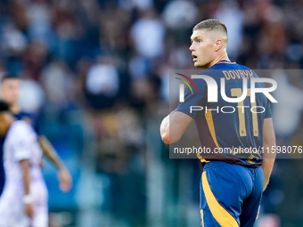 Artem Dovbyk of AS Roma looks on during the Serie A Enilive match between AS Roma and Udinese Calcio at Stadio Olimpico on September 22, 202...