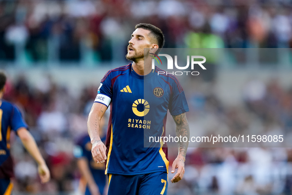 Lorenzo Pellegrini of AS Roma looks on during the Serie A Enilive match between AS Roma and Udinese Calcio at Stadio Olimpico on September 2...