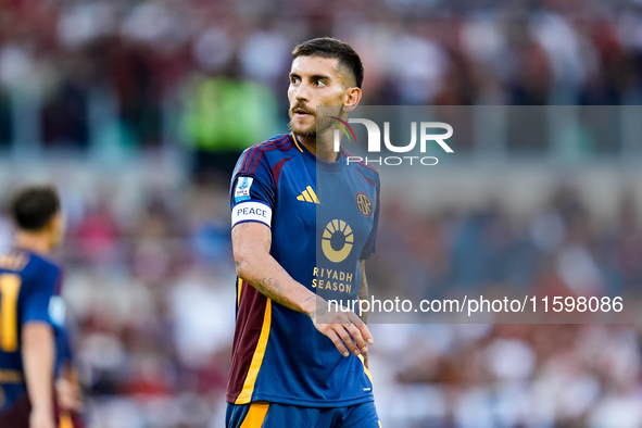 Lorenzo Pellegrini of AS Roma looks on during the Serie A Enilive match between AS Roma and Udinese Calcio at Stadio Olimpico on September 2...