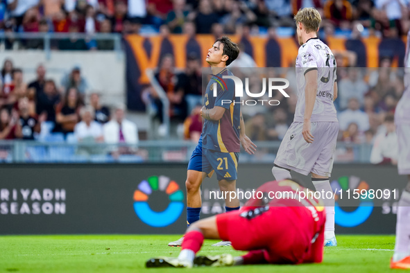 Paulo Dybala of AS Roma looks dejected during the Serie A Enilive match between AS Roma and Udinese Calcio at Stadio Olimpico on September 2...