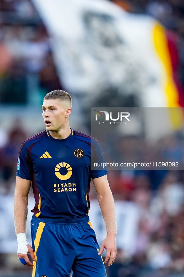 Artem Dovbyk of AS Roma looks on during the Serie A Enilive match between AS Roma and Udinese Calcio at Stadio Olimpico on September 22, 202...