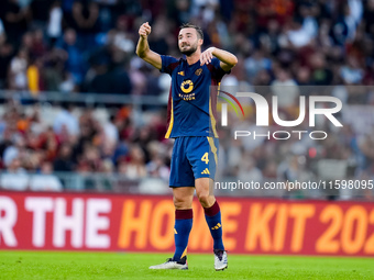 Bryan Cristante of AS Roma gestures during the Serie A Enilive match between AS Roma and Udinese Calcio at Stadio Olimpico on September 22,...