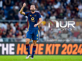 Bryan Cristante of AS Roma gestures during the Serie A Enilive match between AS Roma and Udinese Calcio at Stadio Olimpico on September 22,...