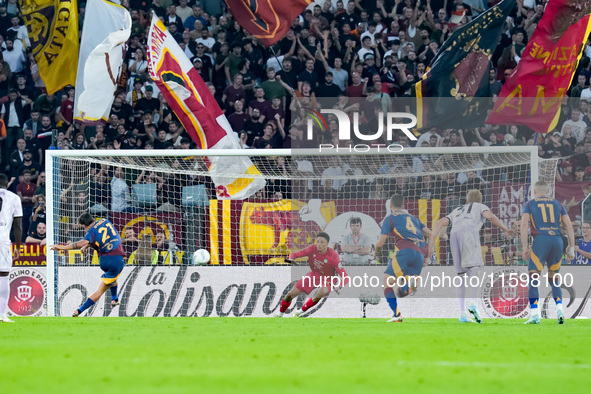 Paulo Dybala of AS Roma scores second goal during the Serie A Enilive match between AS Roma and Udinese Calcio at Stadio Olimpico on Septemb...