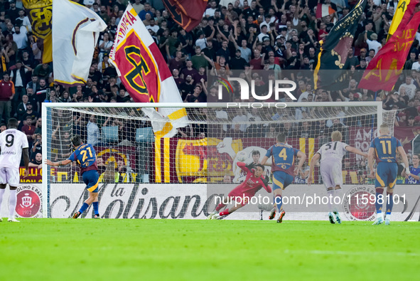 Paulo Dybala of AS Roma scores second goal during the Serie A Enilive match between AS Roma and Udinese Calcio at Stadio Olimpico on Septemb...