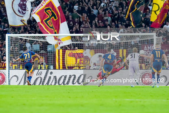 Paulo Dybala of AS Roma scores second goal during the Serie A Enilive match between AS Roma and Udinese Calcio at Stadio Olimpico on Septemb...