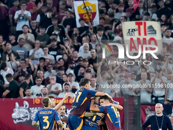 Paulo Dybala of AS Roma celebrates scoring second goal during the Serie A Enilive match between AS Roma and Udinese Calcio at Stadio Olimpic...