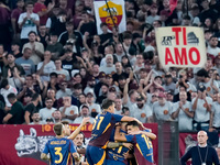 Paulo Dybala of AS Roma celebrates scoring second goal during the Serie A Enilive match between AS Roma and Udinese Calcio at Stadio Olimpic...