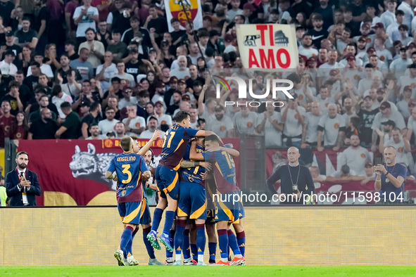 Paulo Dybala of AS Roma celebrates scoring second goal during the Serie A Enilive match between AS Roma and Udinese Calcio at Stadio Olimpic...