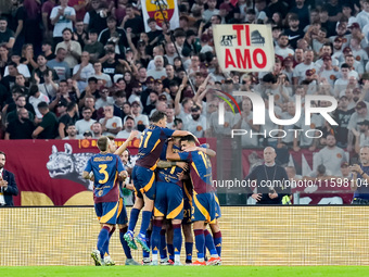 Paulo Dybala of AS Roma celebrates scoring second goal during the Serie A Enilive match between AS Roma and Udinese Calcio at Stadio Olimpic...