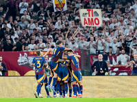 Paulo Dybala of AS Roma celebrates scoring second goal during the Serie A Enilive match between AS Roma and Udinese Calcio at Stadio Olimpic...