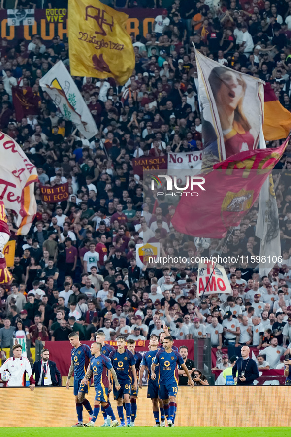 Paulo Dybala of AS Roma celebrates scoring second goal during the Serie A Enilive match between AS Roma and Udinese Calcio at Stadio Olimpic...