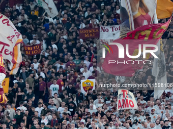 Paulo Dybala of AS Roma celebrates scoring second goal during the Serie A Enilive match between AS Roma and Udinese Calcio at Stadio Olimpic...