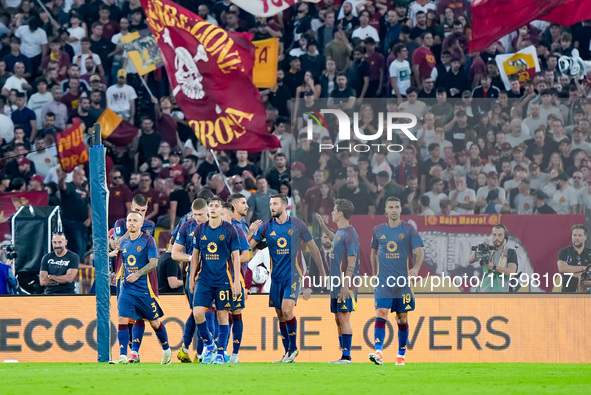 Paulo Dybala of AS Roma celebrates scoring second goal during the Serie A Enilive match between AS Roma and Udinese Calcio at Stadio Olimpic...