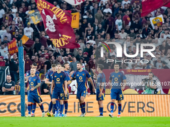 Paulo Dybala of AS Roma celebrates scoring second goal during the Serie A Enilive match between AS Roma and Udinese Calcio at Stadio Olimpic...