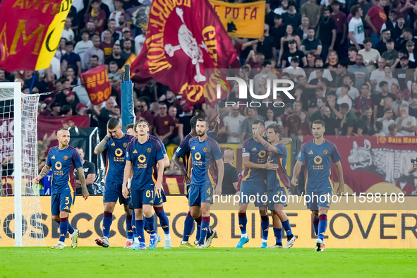 Paulo Dybala of AS Roma celebrates scoring second goal during the Serie A Enilive match between AS Roma and Udinese Calcio at Stadio Olimpic...