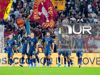 Paulo Dybala of AS Roma celebrates scoring second goal during the Serie A Enilive match between AS Roma and Udinese Calcio at Stadio Olimpic...