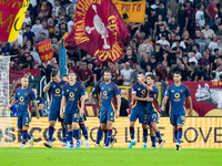 Paulo Dybala of AS Roma celebrates scoring second goal during the Serie A Enilive match between AS Roma and Udinese Calcio at Stadio Olimpic...