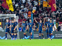 Paulo Dybala of AS Roma celebrates scoring second goal during the Serie A Enilive match between AS Roma and Udinese Calcio at Stadio Olimpic...