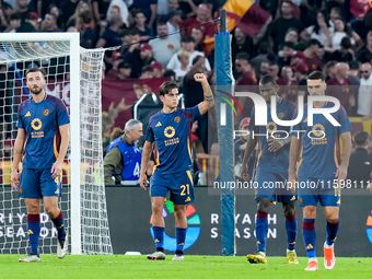 Paulo Dybala of AS Roma celebrates scoring second goal during the Serie A Enilive match between AS Roma and Udinese Calcio at Stadio Olimpic...