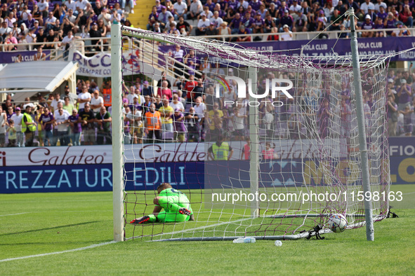 The ball ends up in the net after the penalty taken by Albert Gudmundsson during the Italian Serie A football match between ACF Fiorentina a...