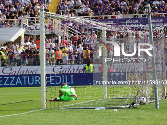 The ball ends up in the net after the penalty taken by Albert Gudmundsson during the Italian Serie A football match between ACF Fiorentina a...