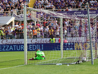 The ball ends up in the net after the penalty taken by Albert Gudmundsson during the Italian Serie A football match between ACF Fiorentina a...