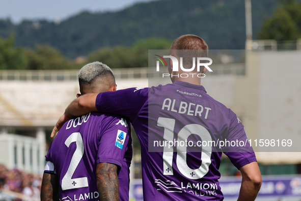 Albert Gudmundsson of ACF Fiorentina is about to shoot the penalty during the Italian Serie A football match between ACF Fiorentina and SS L...