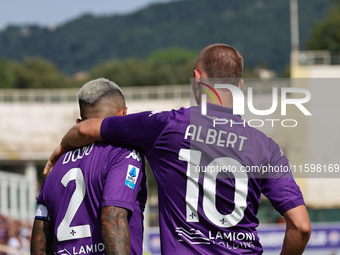 Albert Gudmundsson of ACF Fiorentina is about to shoot the penalty during the Italian Serie A football match between ACF Fiorentina and SS L...